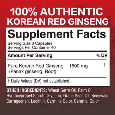 Supplement label for 100% Authentic Korean Red Ginseng with supplement facts and ingredients listed.