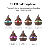 Wooden diffuser with LED lights showing 7 color options on a white background.