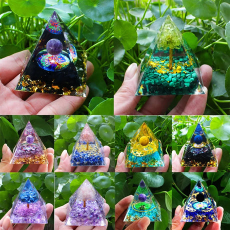 Collage of triangular crystal pyramids held in hands against a green leafy background