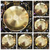 Collage of a gold disc with symbols on a black background with text