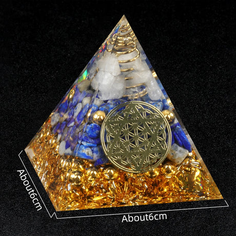 Triangular pyramid with gold and blue elements on a black background