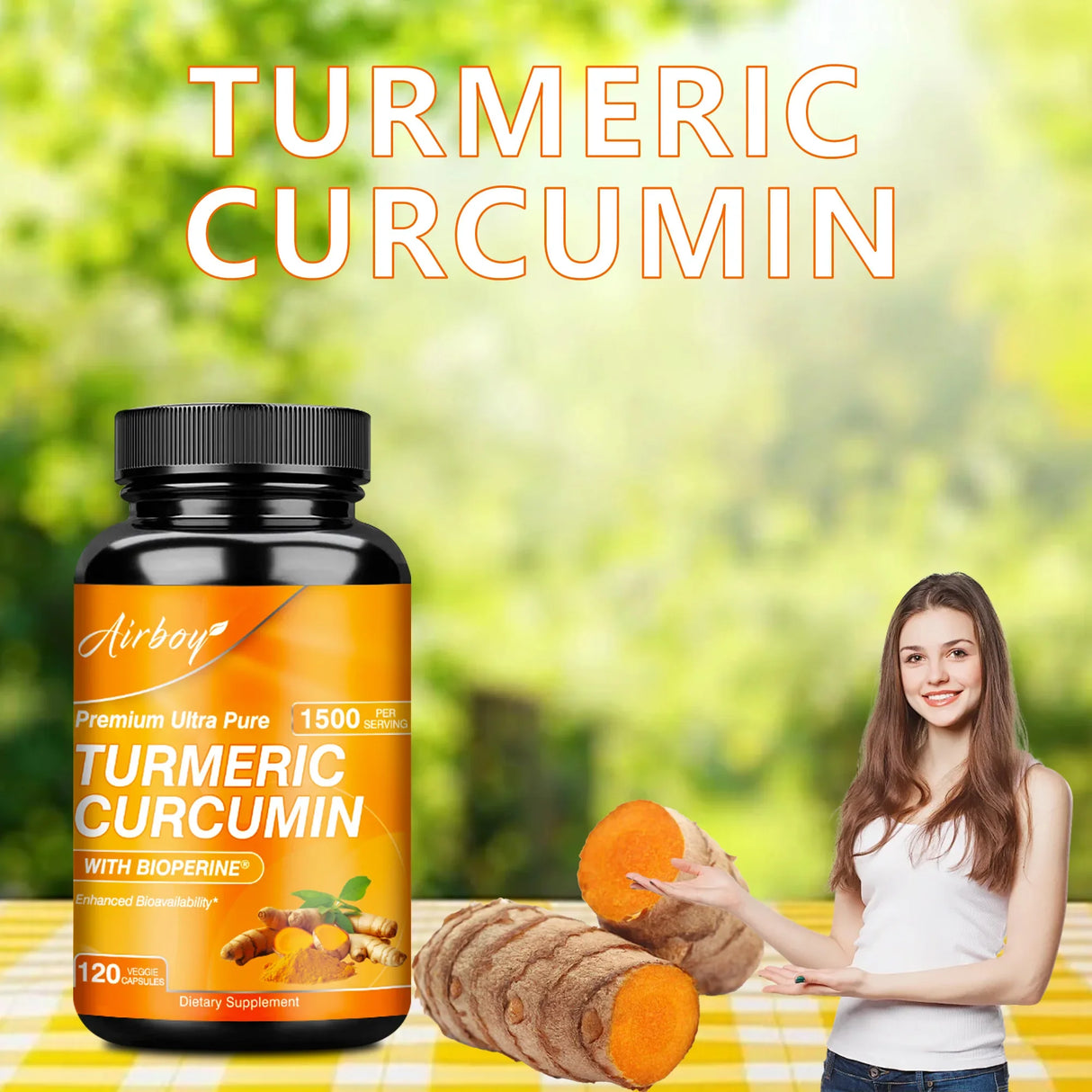 Bottle of Airbay Turmeric Curcumin with a blurred green outdoor background