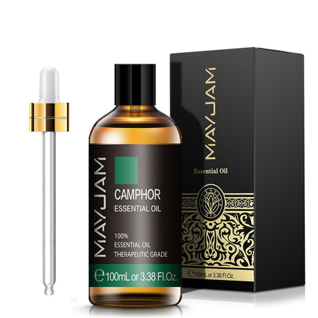 Mayuam Camphor essential oil bottle with dropper and packaging on a white background
