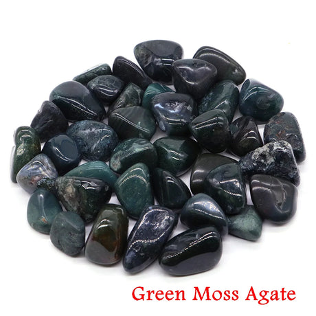 Green moss agate stones on a white background with 'Green Moss Agate' text.
