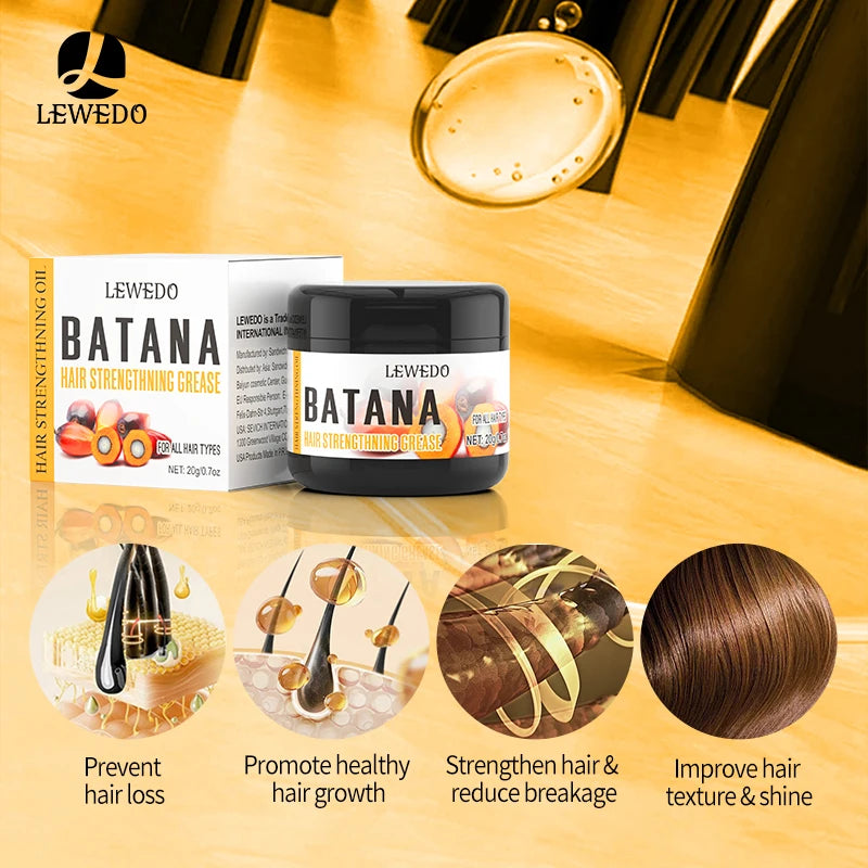 LEWEDO Batana hair care product with packaging and benefits on a wooden surface.