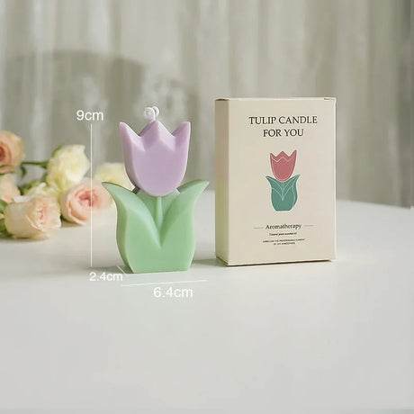 Tulip-shaped candle with packaging and measurements on a neutral background