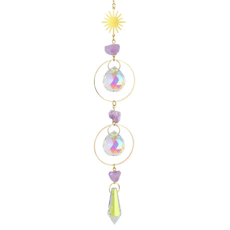 Decorative hanging ornament with crystals and a sun-like top on a white background
