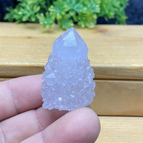 Crystal held in a hand with a wooden surface and greenery in the background