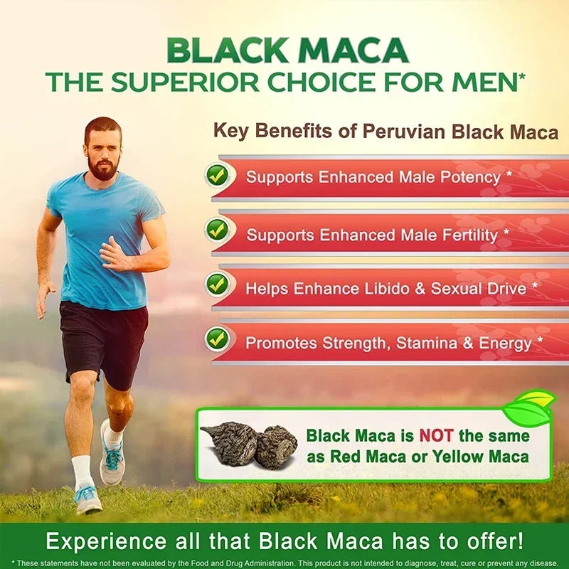 Advertisement for Peruvian Black Maca with a man running and listed benefits.