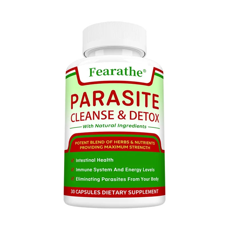 Supplement bottle labeled 'Parasite Cleanse & Detox' by Fearathe on a white background