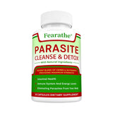 Supplement bottle labeled 'Parasite Cleanse & Detox' by Fearathe on a white background