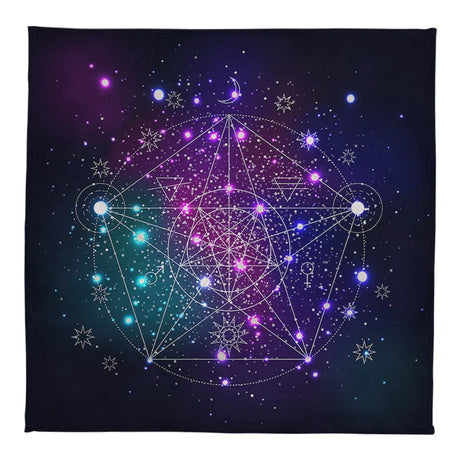 Decorative tapestry with starry night design and geometric patterns on a dark background