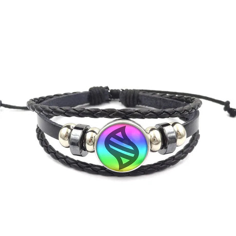 Black braided leather bracelet with a colorful circular charm on a white background