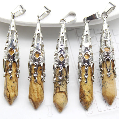 Five pairs of silver and brown pendant necklaces on a white background