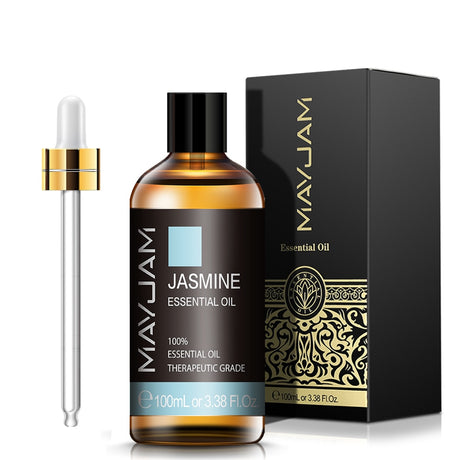 Mayuam Jasmine essential oil bottle with dropper and packaging on a white background