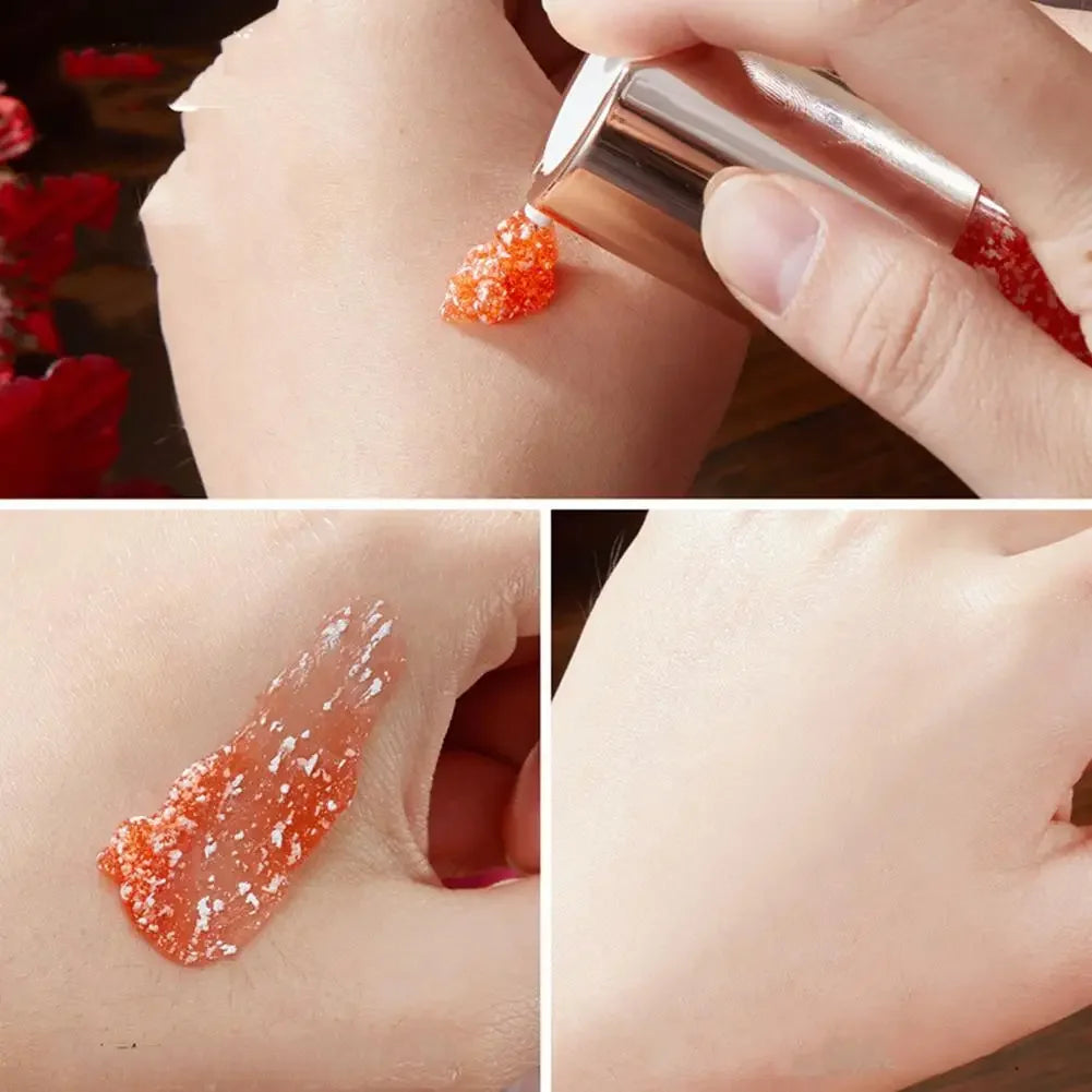 Collage of a hand applying a red gel-like substance to skin with a blurred floral background.