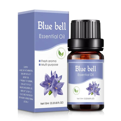 Blue bell essential oil bottle and packaging on a white background