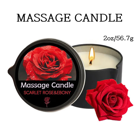 Massage candle with red rose design and 'Scarlet Rose & Ebony' text on a white background