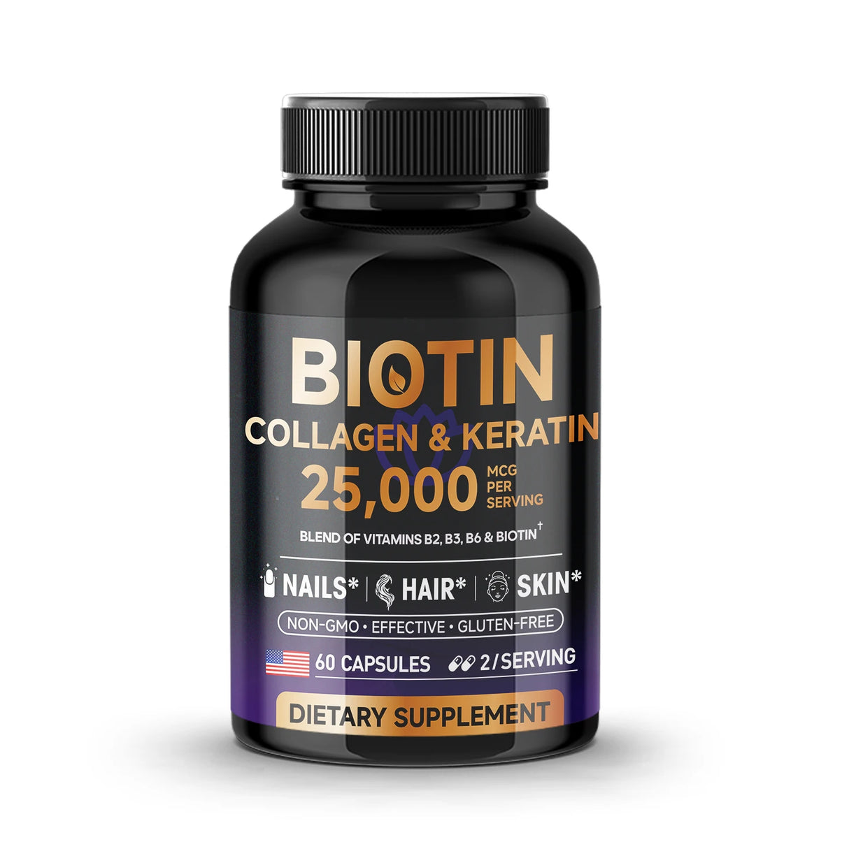 Supplement bottle labeled 'Biotin Collagen & Keratin' on a white background
