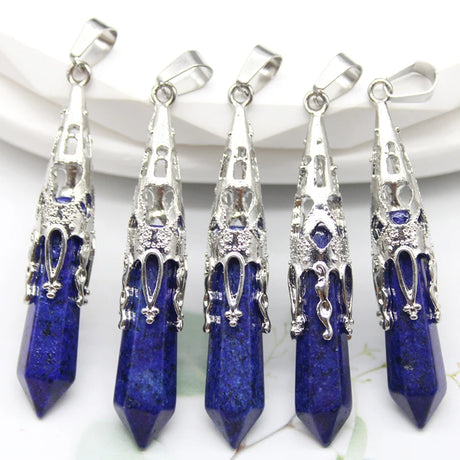 Five blue stone pendants with silver tops on a white background