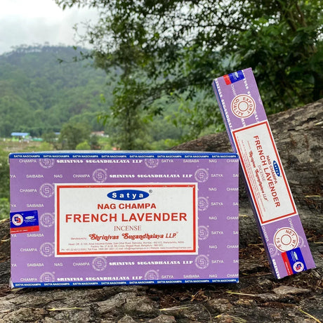Satya Nag Champa French Lavender incense packaging on a natural background