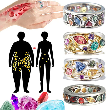 Colorful gemstone rings displayed with a hand holding a small gemstone, black silhouettes of a man and woman, and various gemstones.