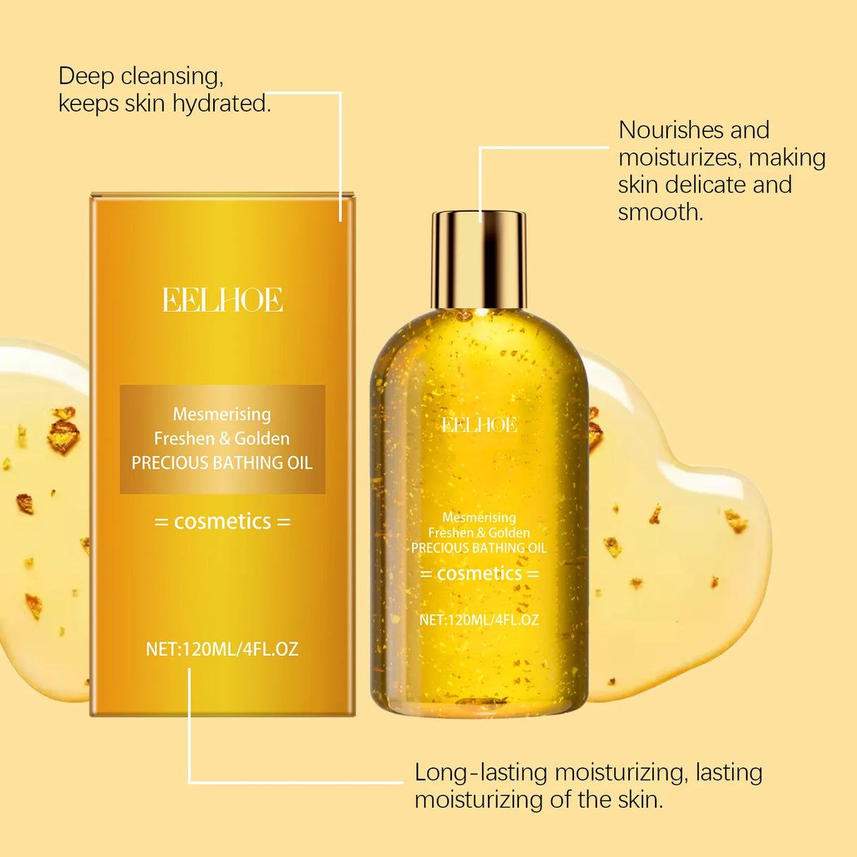 ELIE HOE Mesmerising Freshen & Golden Precious Bathing Oil with packaging on a beige background