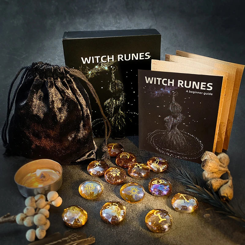 Witch Runes set with books, bag, and candles on a dark background