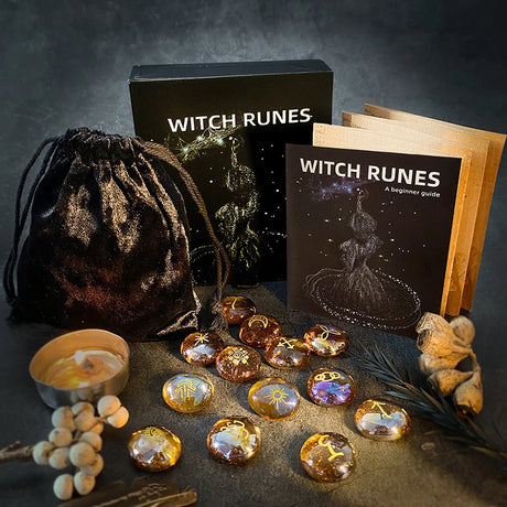 Witch Runes set with books, bag, and candles on a dark background