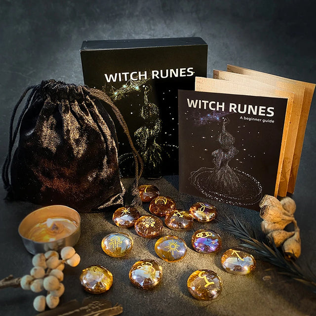 Witch Runes set with books, bag, and candles on a dark background
