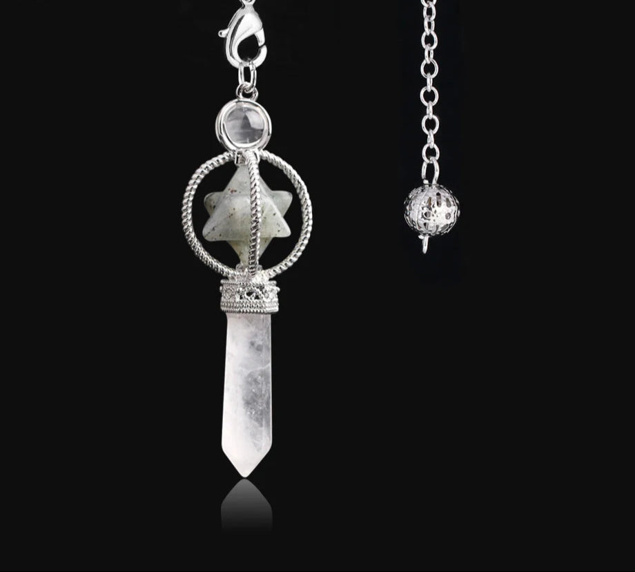Silver pendant necklace with star design and crystal on a black background