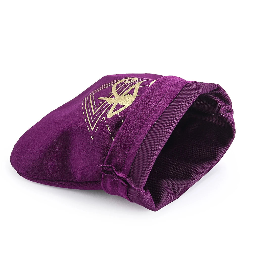Purple fabric pouch with gold emblem on a white background
