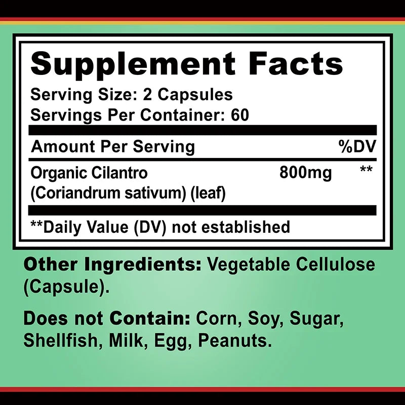 Supplement facts label with organic cilantro content on a green background