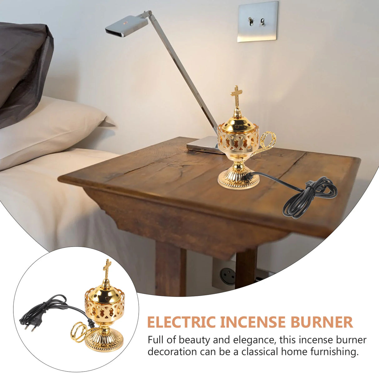 Electric incense burner on a wooden table next to a lamp and pillows, with an inset showing the product.