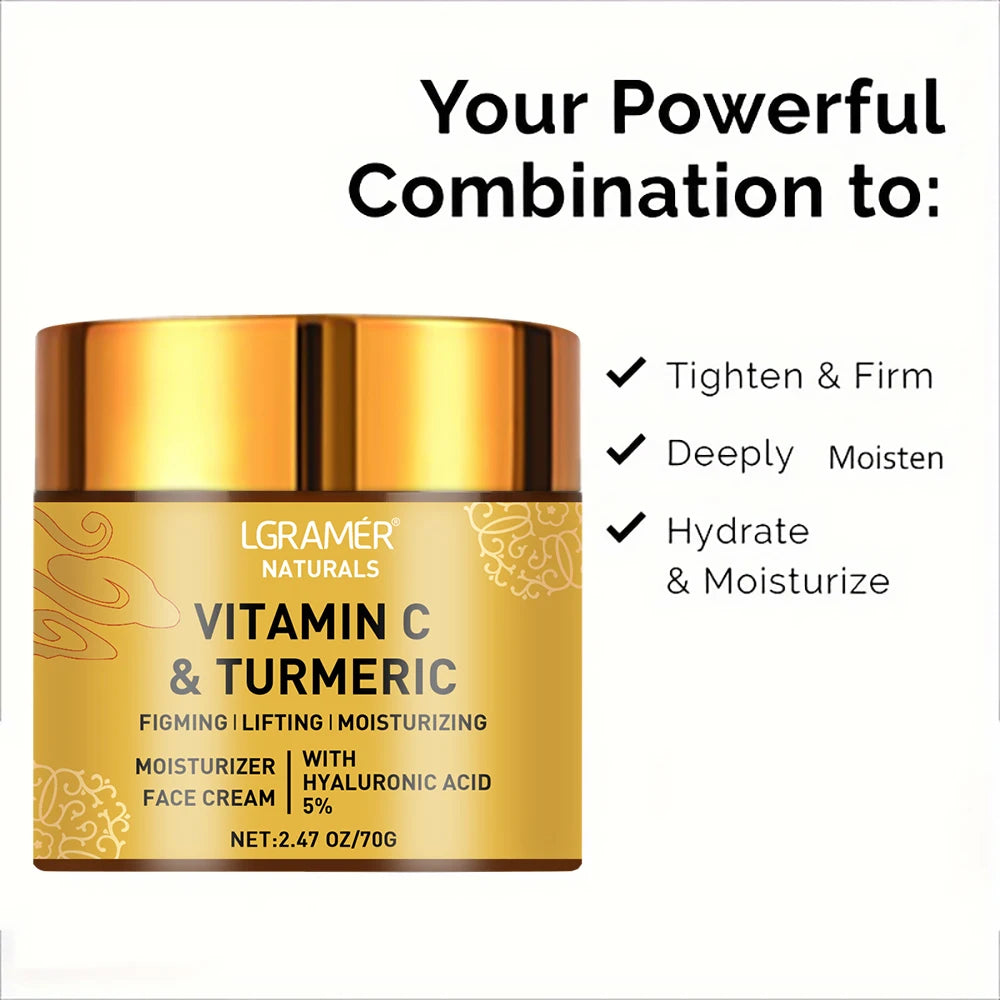 Gold jar of LGamer Naturals Vitamin C & Turmeric moisturizer with text on a white background
