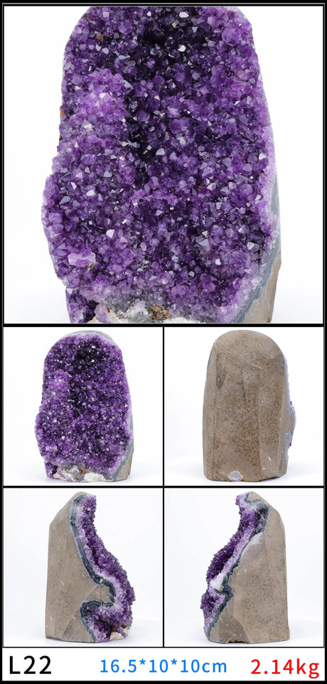 Purple crystal geode with smaller crystal pieces on a white background