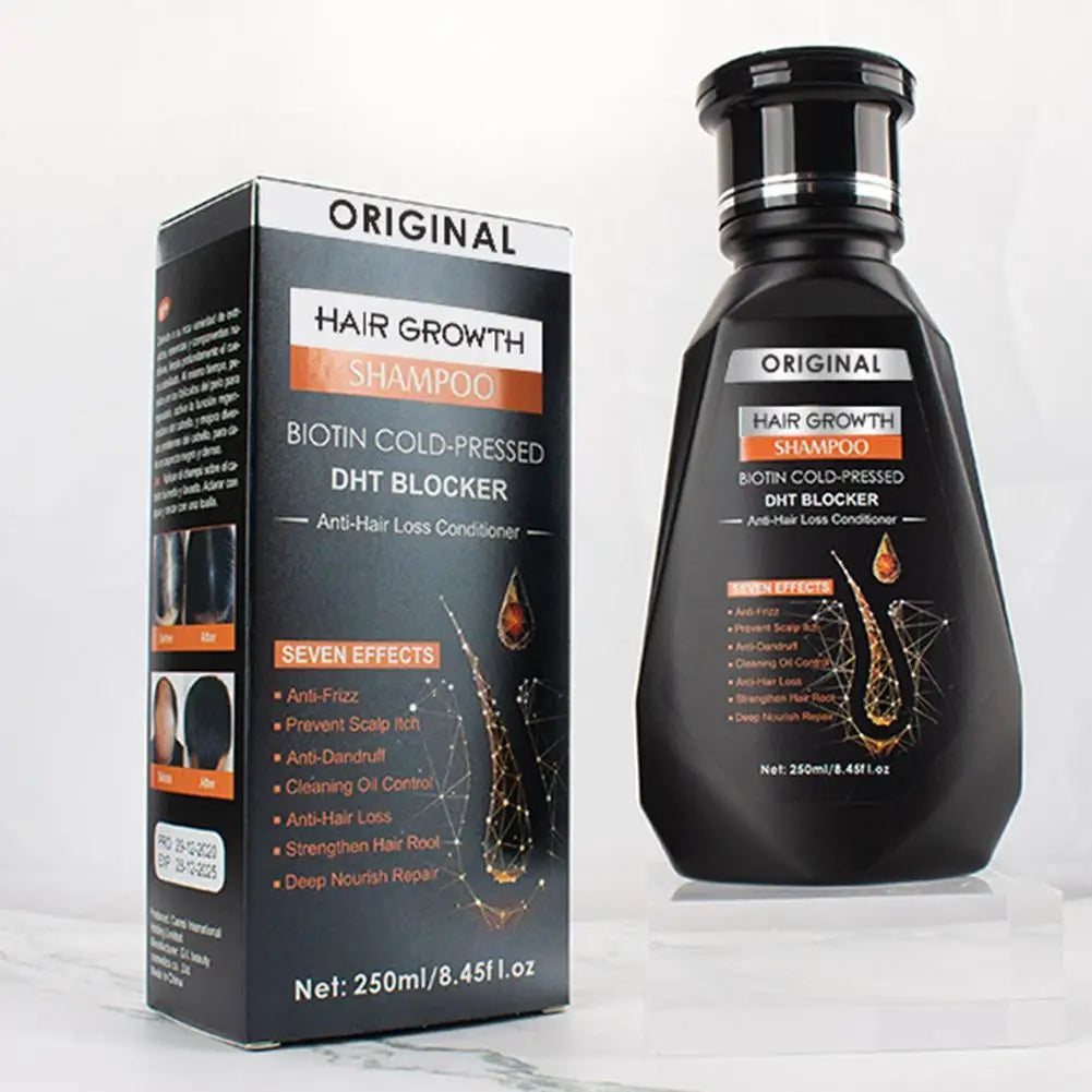 Hair growth shampoo bottle and packaging on a white background