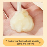 Hand holding a clump of white hair gel with text on a beige background