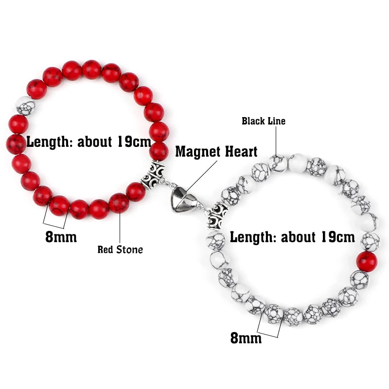 Two bracelets with red stones and silver hearts, labeled with measurements and details.