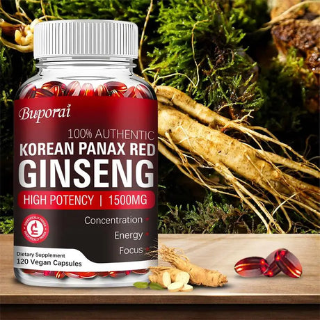 Buporai Korean Panax Red Ginseng supplement bottle with ginseng root in the background