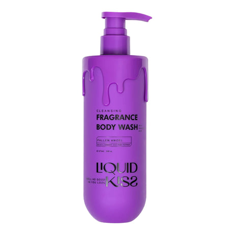 Purple body wash bottle with pump labeled 'Liquid Kiss' on a white background