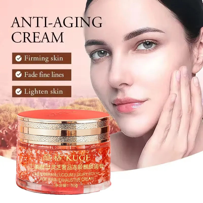 Anti-aging cream jar with a woman's face showing benefits on a pink background