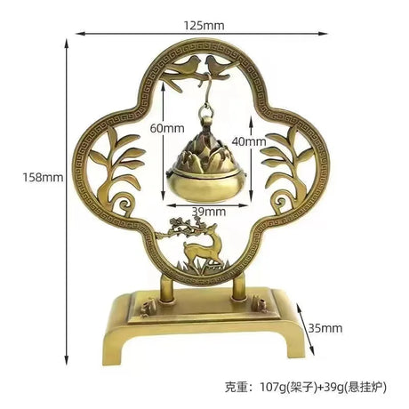 Decorative metal incense burner with measurements on a white background