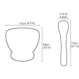 Measurement chart of a cup and spoon with dimensions labeled.