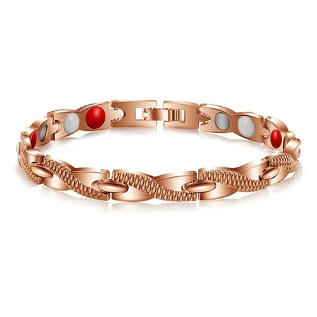 Rose gold bracelet with colored stones on a white background