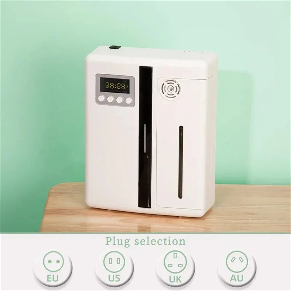 White electronic device with digital display on a wooden surface against a green background