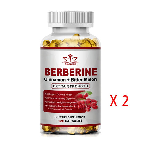 Bottle of Berberine dietary supplement with red label on a white background