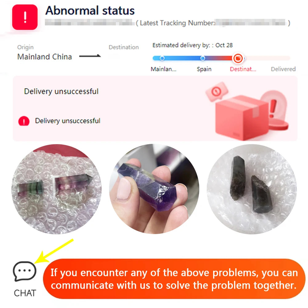 Product delivery tracking with images of a box and crystals, indicating unsuccessful delivery.