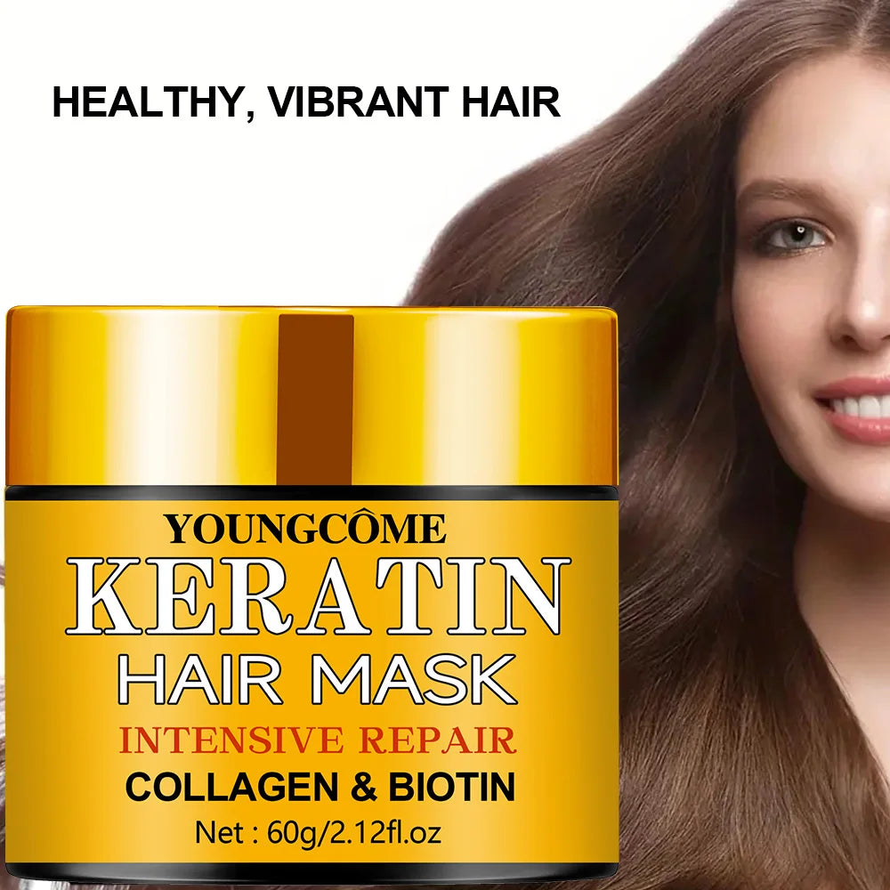 Youngcome Keratin Hair Mask container with a woman with long hair on a white background