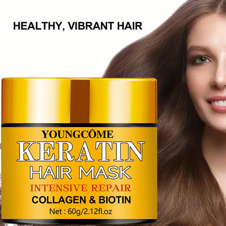 Youngcome Keratin Hair Mask container with a woman with long hair on a white background